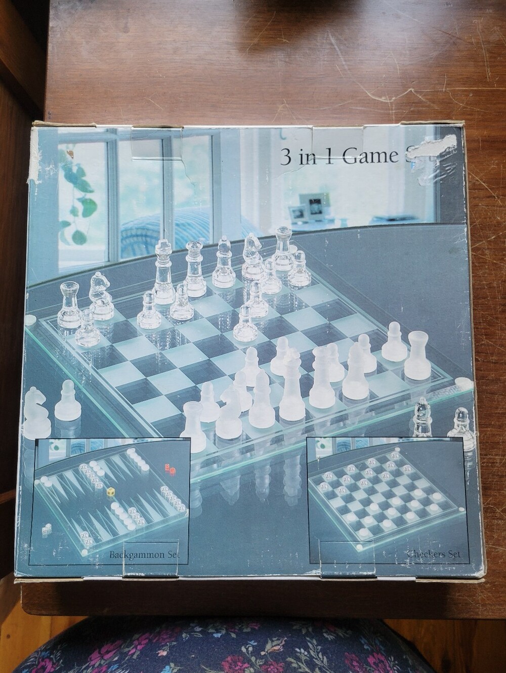 Three In One Glass Chess, Backgammon, Checkers Game With All Pieces Vintage